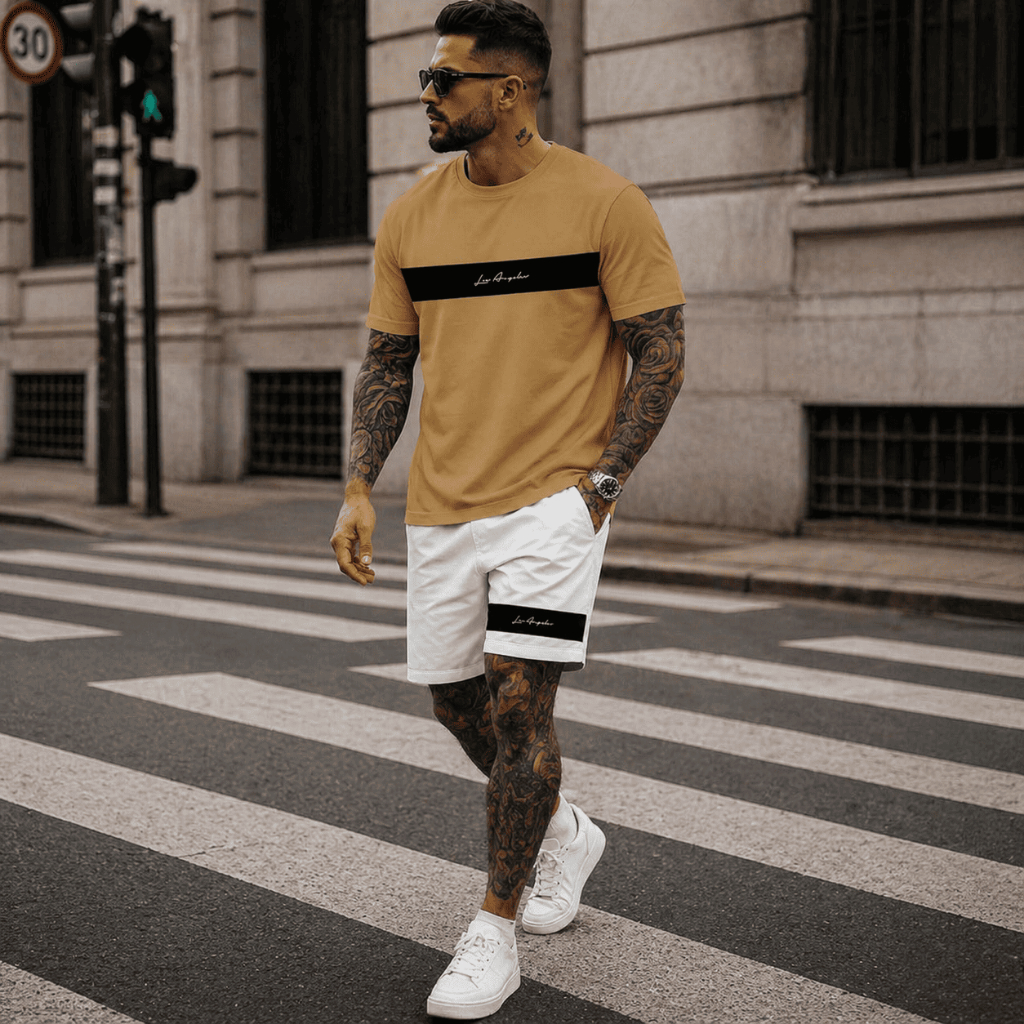 Kit Camiseta e Short Streetwear Los Angeles Faixa Camisa de Algodão 26.1 Premium