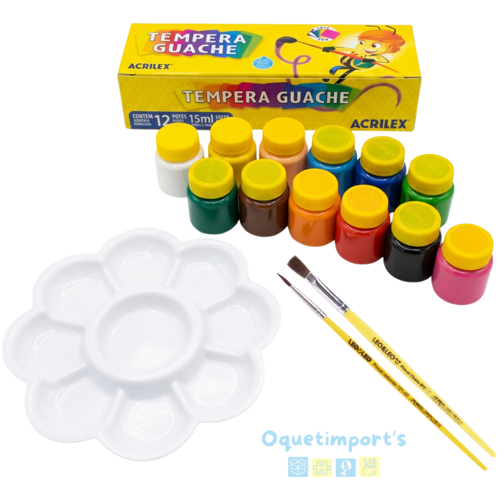 Tinta Guache Infantil 12 Cores Com Godê Flor 8 Cavidades e 2 pincéis Kit Escolar Pintura