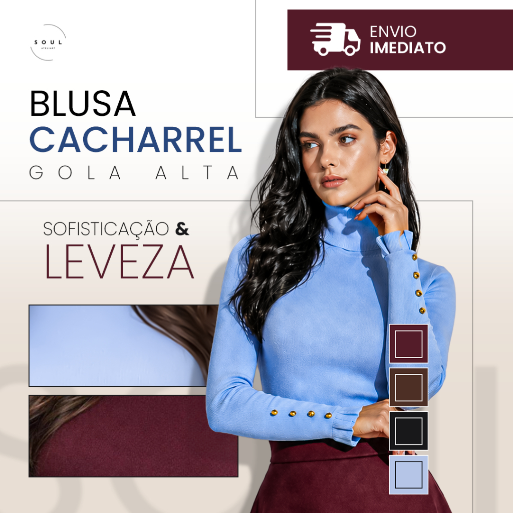 Blusa Cacharrel Gola Alta Feminina Manga Longa Canelada com Botões Inverno Elegante