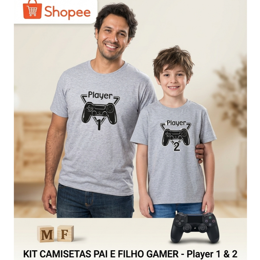 Kit Tal Pai Tal Filho Gamer Player 1 e Player 2 - Camiseta Poliéster Premium