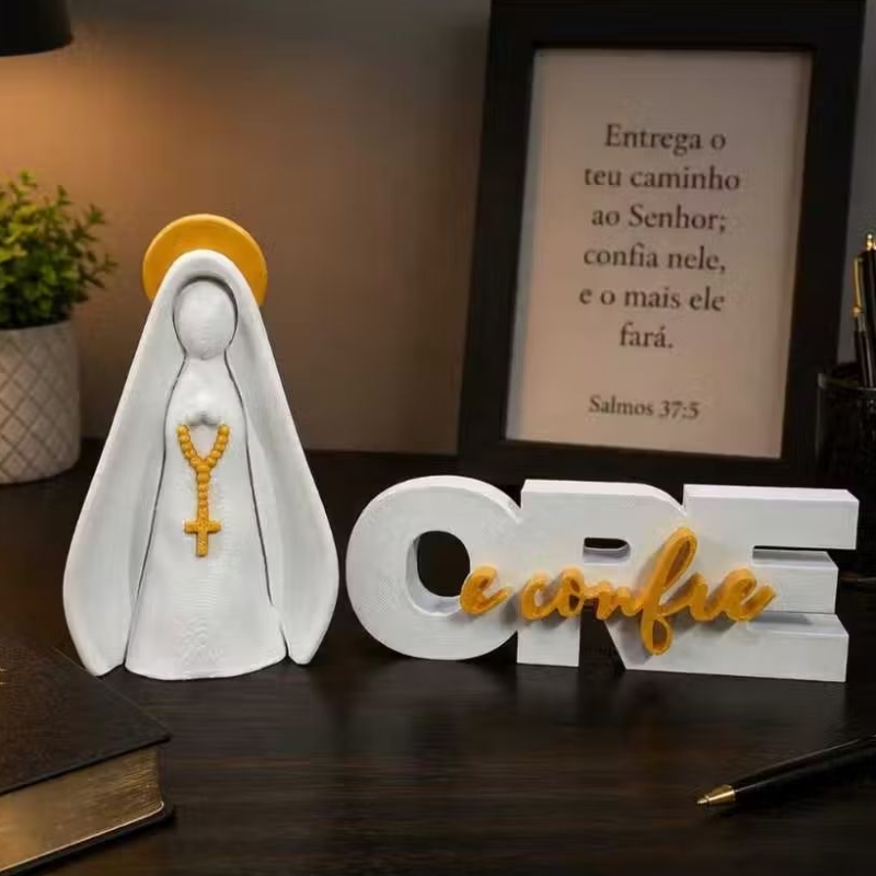 Kit Religioso Nossa Senhora com Terço + Frase Decorativa Ore e confie