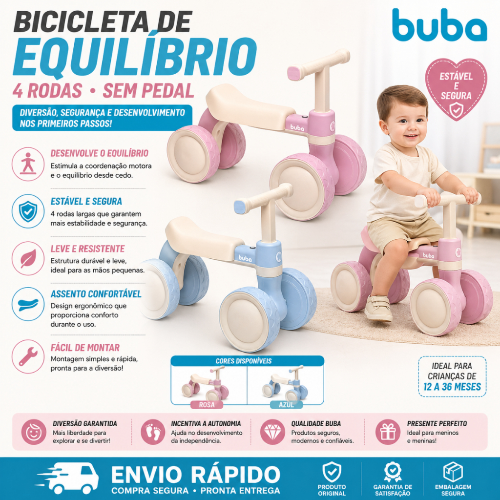 BICICLETA DE EQUILÍBRIO INFANTIL 4 RODAS SEM PEDAL BUBA
