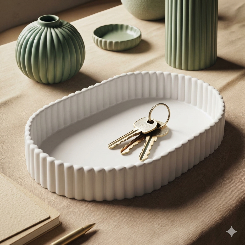 Bandeja Decorativa Minimalista Oval Canelada Porta Joias Chaves Organizador de Mesa Moderno.