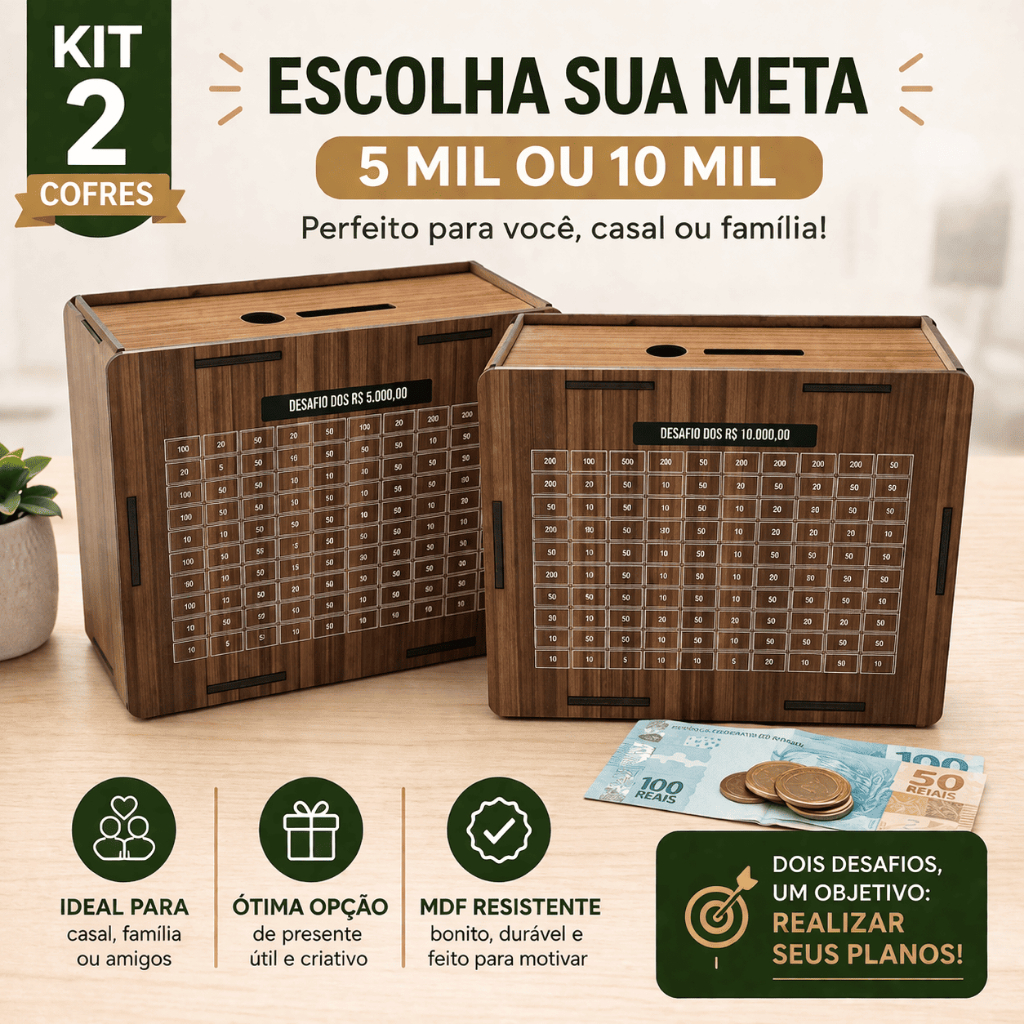 Kit 2 Cofre MDF Desafio 10mil/5mil Caixa Dinheiro Cofrinho De Madeira Método Japonês Escolha Sua Meta
