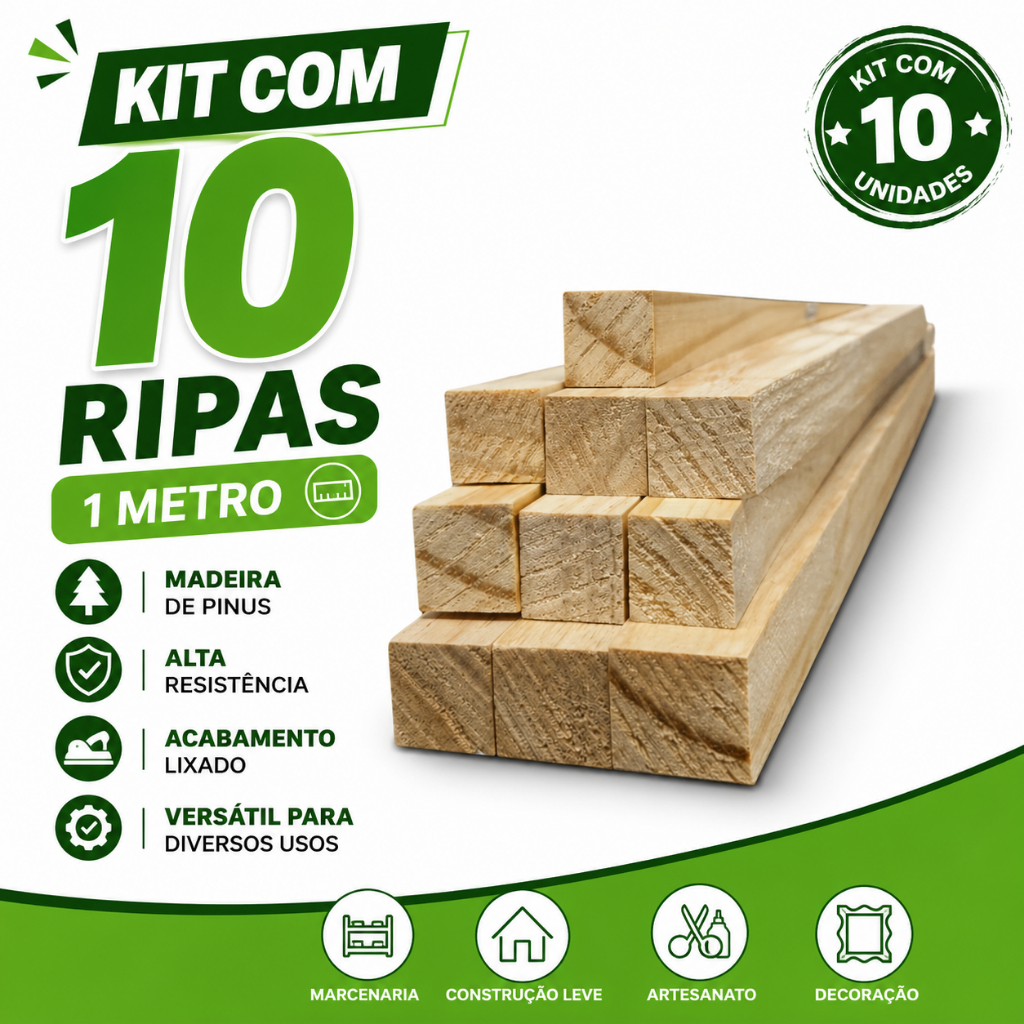 10 Quadrados de Madeira Pinus 1,9x1,9x100cm Artesanato Construção