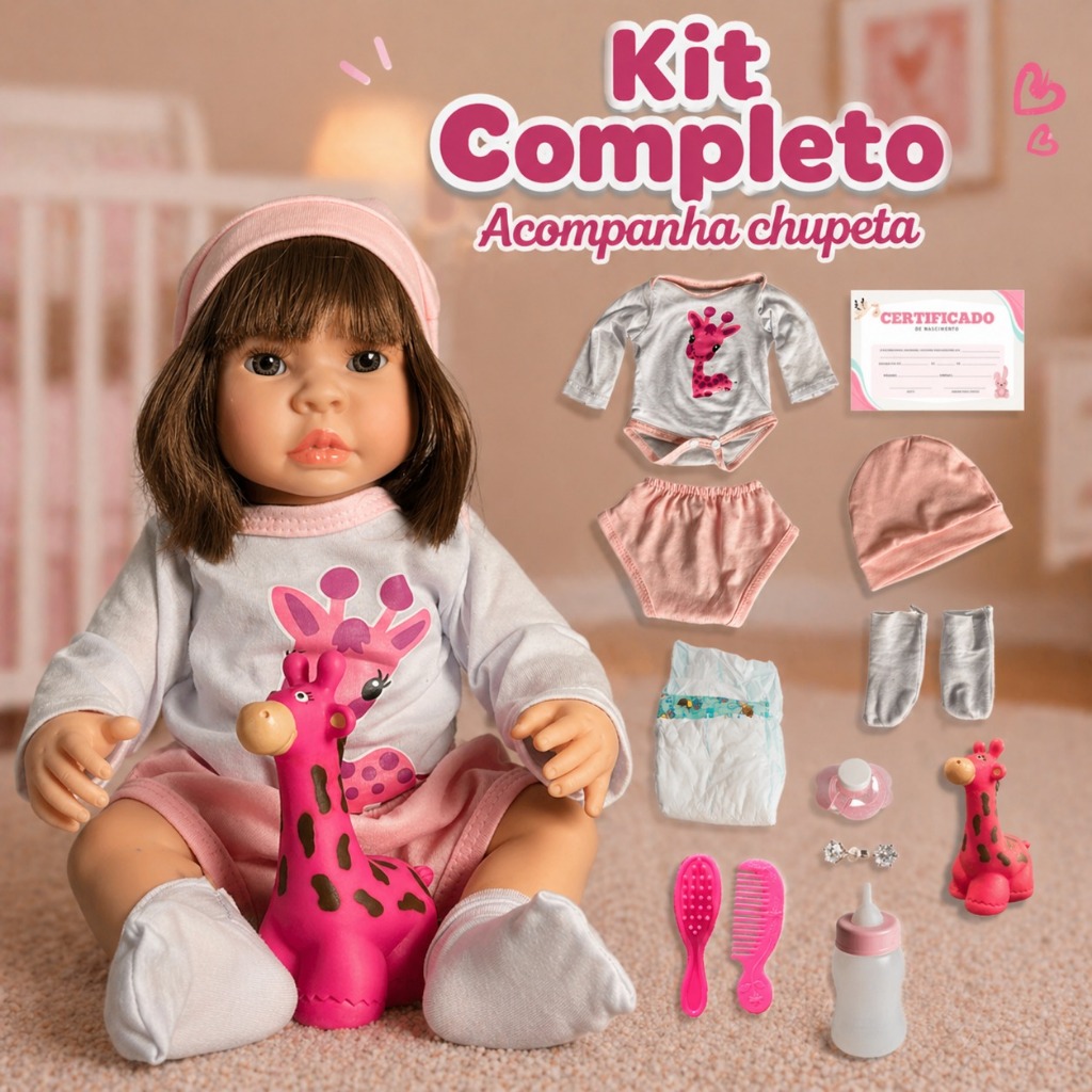 Boneca Bebe Reborn Roberta Girafinha Realista Corpo de Silicione com Enxoval