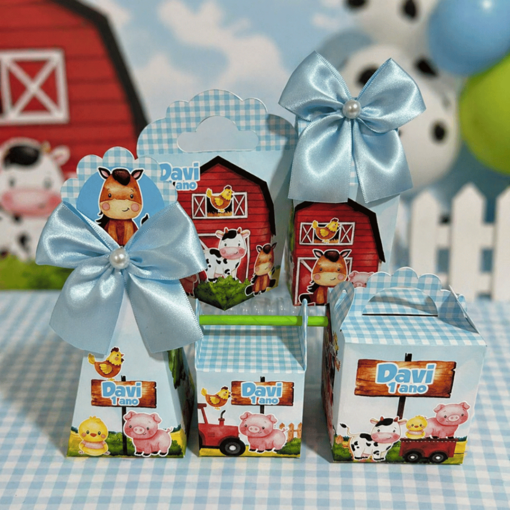 Kit Caixinhas Personalizadas Fazendinha Azul - Lembrancinhas de Aniversário Pegue e Monte