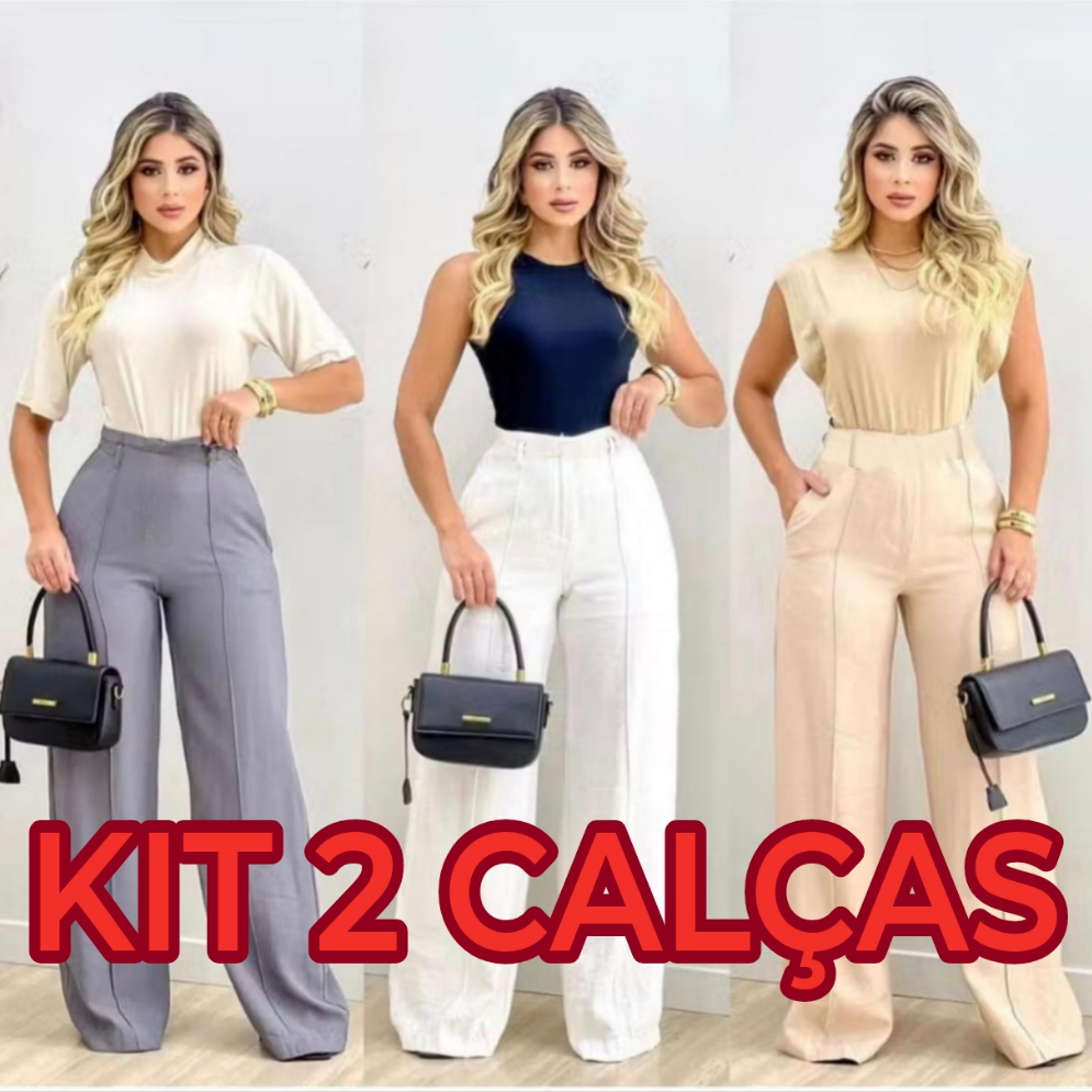 Kit 2 Calça Pantalona Alfaiataria Com Ziper Na Lateral Cintura Alta  PROMOÇÂO Do P ao GG