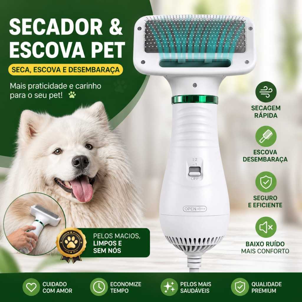 Escova Secadora Pet Portátil 2 em 1 Seca, Remove Nós e Reduz Queda de Pelos 110V