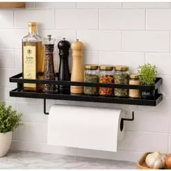 Porta Tempero e Papel Toalha de Parede Para Cozinha 50cm Preto Fosco Metal Fácil Instalação