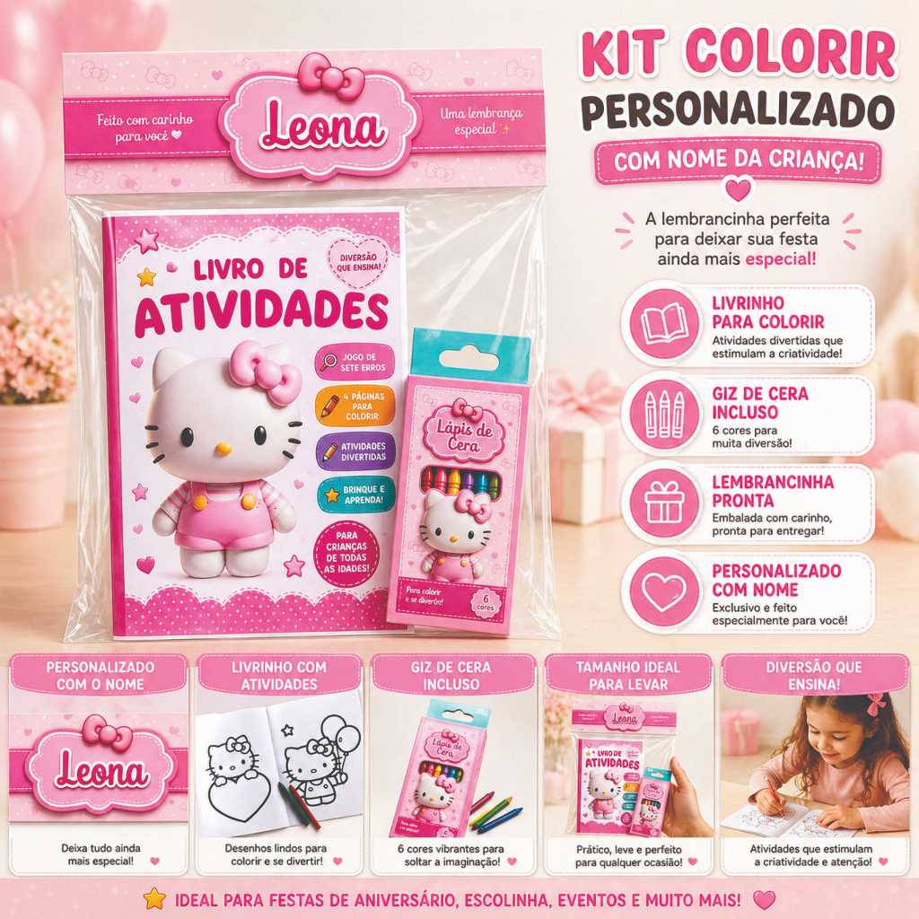 Kit Colorir Personalizado Infantil Com Nome | Lembrancinha Festa Aniversário Livrinho HELLO KITTY