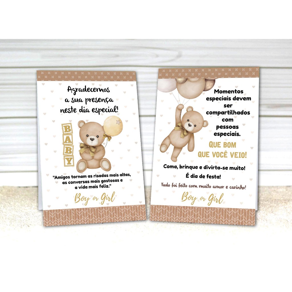 12 a 36 Plaquinha Centro de Mesa CHÁ REVELAÇÃO URSINHO NEUTRO Urso Bege Agradecimento Não é Personalizado