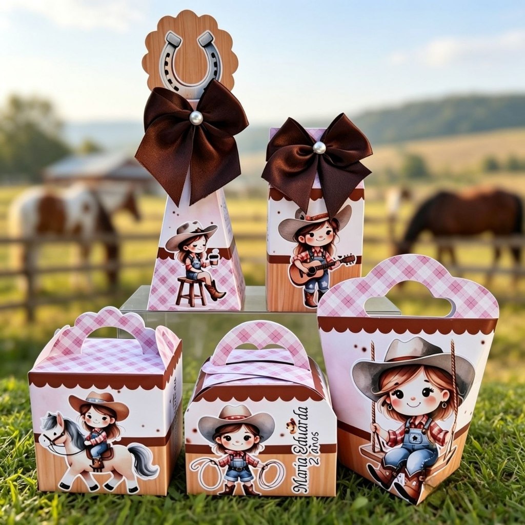 Kit Personalizados COWGIRL BOIADEIRA FAZENDINHA ROSA Pegue e Monte Caixinhas Lembrancinhas Festa Infantil Aniversário