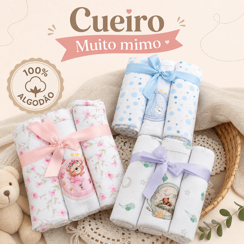 Kit 3 Mantas Cueiro Bebê Flanelado 100% Algodão 80x80 Enxoval Recém Nascido Swaddle Macio Respirável