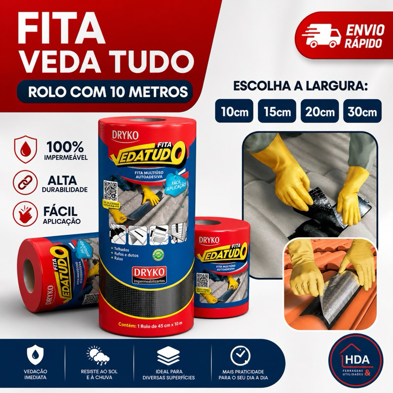 Fita Manta Asfáltica Rolo Veda Tudo Autoadesiva Alumínio Multiuso 10 Metros x 10cm 15cm ou 20cm