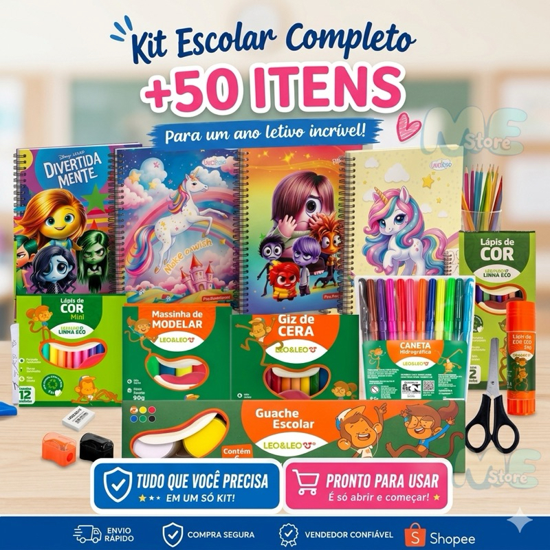 Kit Escolar premium Completo +50 Itens c/Caderno + Lápis de Cor Canetinhas Guache+ Massinha e mini tela de pintura