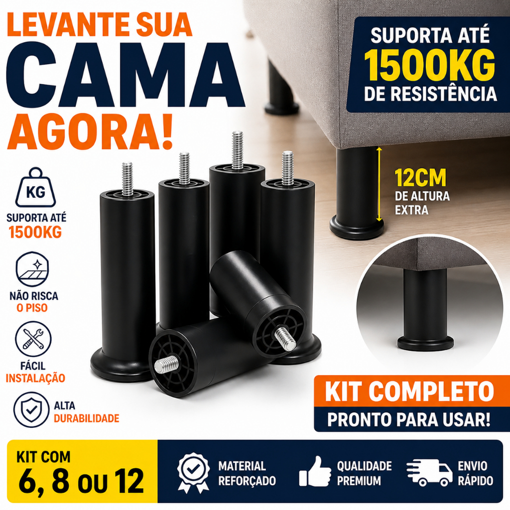 Pé para Cama Box BAU 12cm Plástico Preto Universal Ortobom Ema Castor Gazin Umaflex Simmons Plumatex