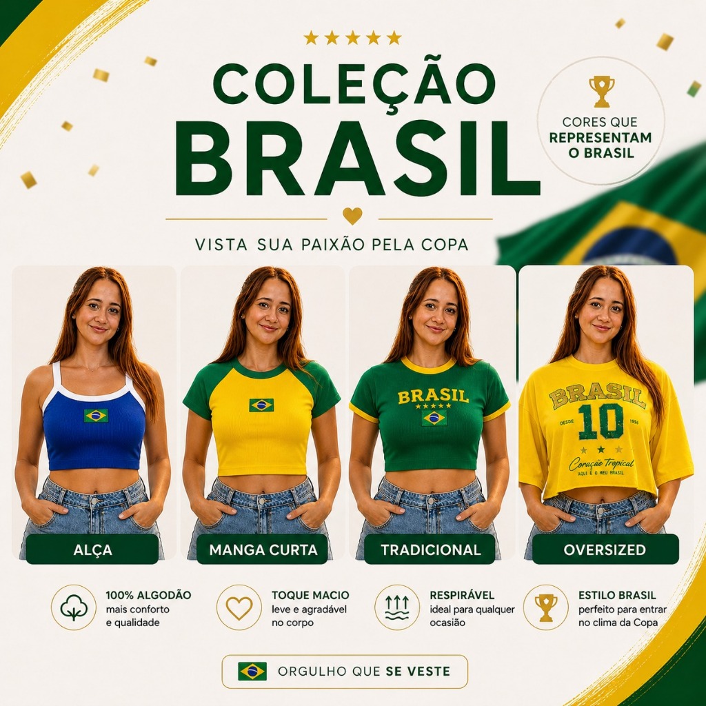 CROPPED E CAMISETA BRASIL FEMININA cropped canelado manga e alça e cropped algodão oversized