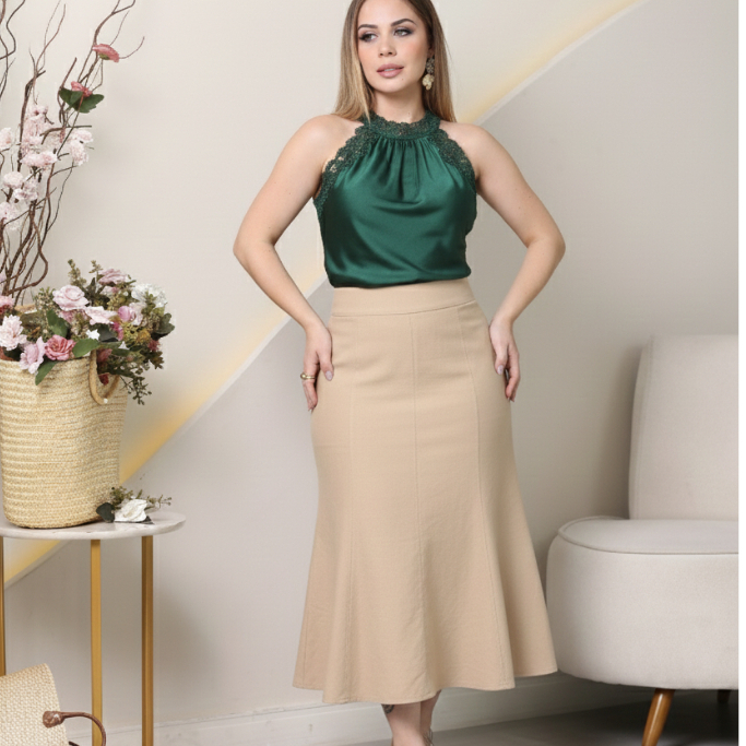 Saia Midi  feminino  tecido marrant sensorial