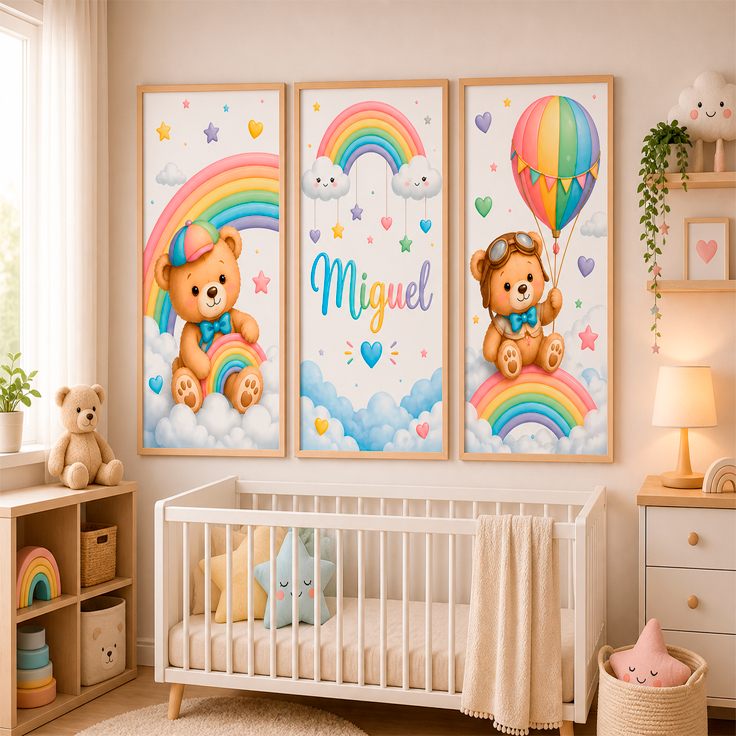 Mais Vendido Quadros Infantil Ursinho Arco Íris Personalizado Nome Bebê Menino Decoração