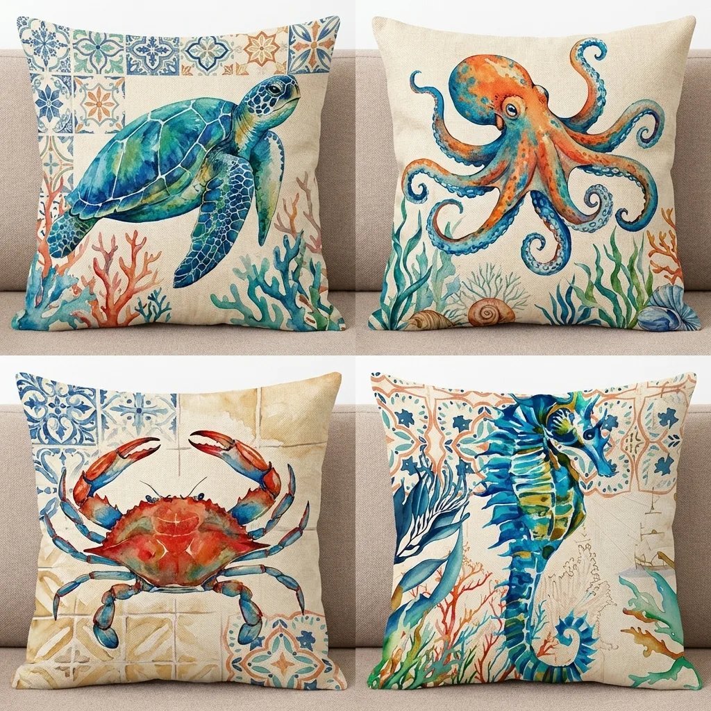 Kit c/ 4 Capas Almofada Decorativa Fundo Do Mar Estampa Print Moderna Sala Sofá Estampa Luxo Zíper Invisível Moderna