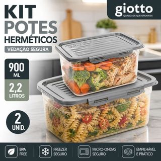 Kit 2 Potes Com Tampa e Trava 2,2L e 900ML Cinza Armazenamento de Alimentos Freezer Cozin…