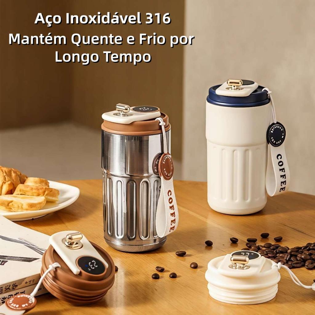 Garrafa Térmica Inteligente 450ml com Display de Temperatura – Aço Inox 316, Portátil para Café