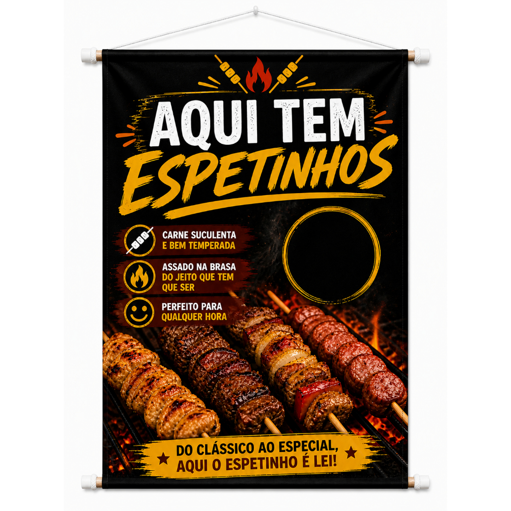 Banner Espetinho Carne e Linguiça Comunicação Visual Lona Personalizado | Barraca Churrasquinho Festa Evento Divulgação