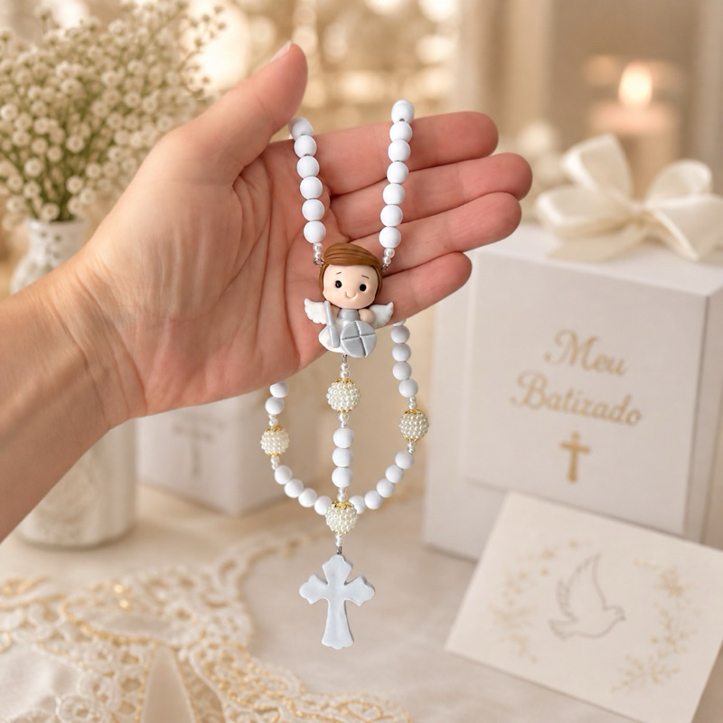 Terço Para batizado São Miguel Arcanjo kit com caixa de presente e organza terço infantil personalizado