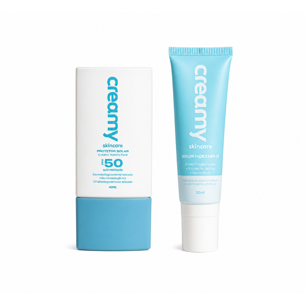 Kit Creamy Skincare Sérum Hidratante + Protetor Solar FPS 50 | Ácido Hialurônico + Toque Seco Alta Proteção e Hidratação