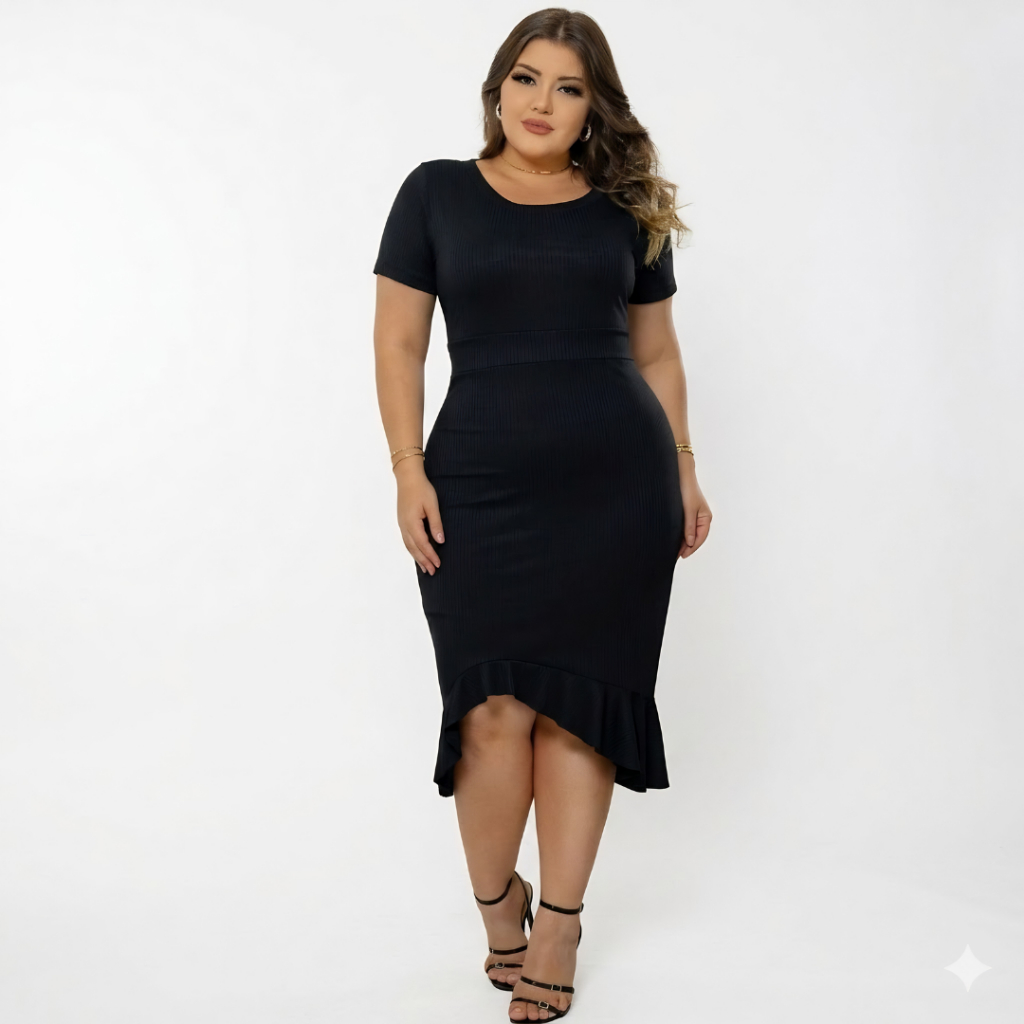 Vestido Feminino Plus Size Manga Curta solto e babado canelado e elastano da moda com manga lisa moda feminina casual