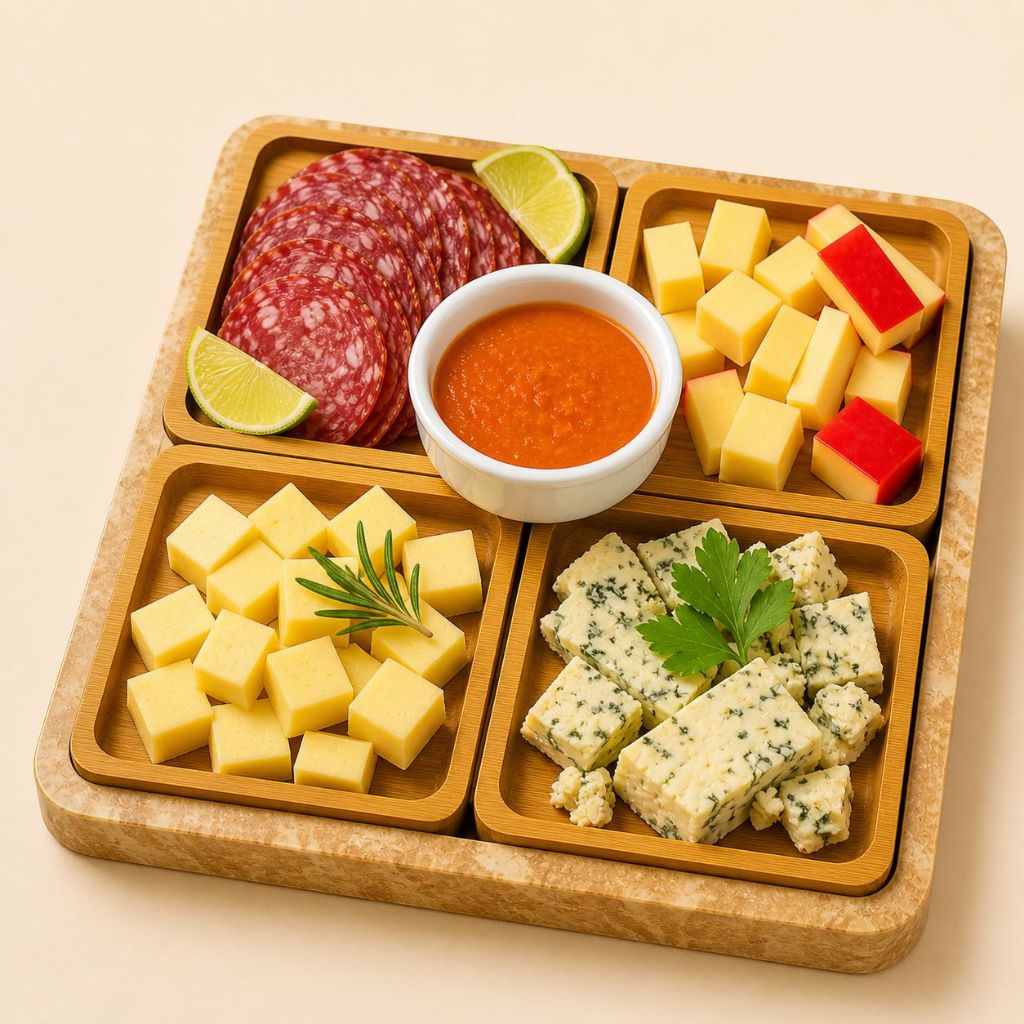 Petisqueira Madeira 4 Divisórias Quadrada Tábua de Frios Kit Petiscos Bandeja Aperitivos Elegante
