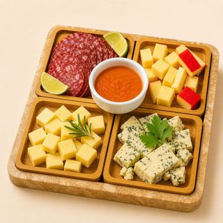 Petisqueira Madeira 4 Divisórias Quadrada Tábua de Frios Kit Petiscos Bandeja Aperitivos Elegante