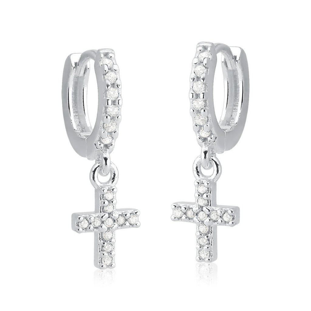 Brinco Argola de Prata 925 Cruz com Zircônias