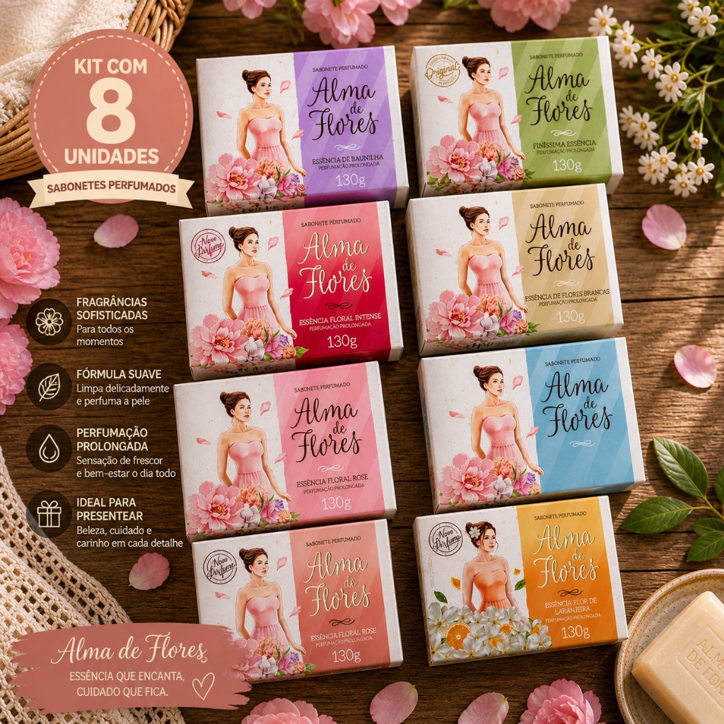 Kit 8 Unidades Sabonete Alma De Flores em Barra Misto Original 130g Intenso Perfumado Sortido