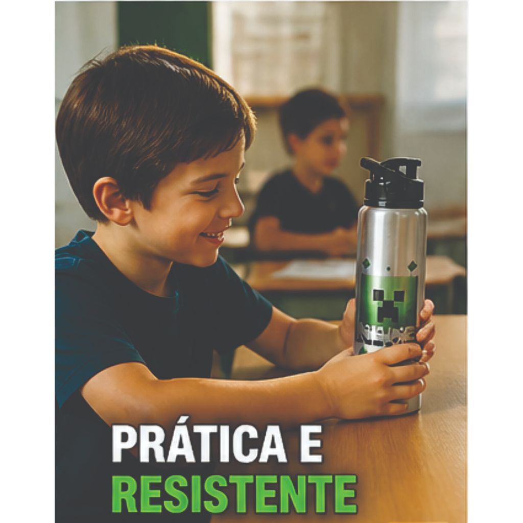 Garrafa Squeeze Infantil Personalizada com Nome Minecraft Creeper Presente Escolar 750ml