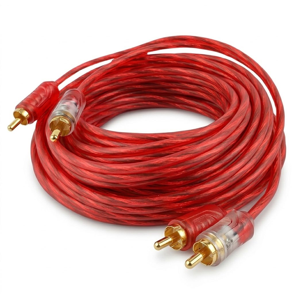 Cabo RCA 5 Metros Dupla Blindagem 5mm Injetado Vermelho Som Automotivo Alta Qualidade