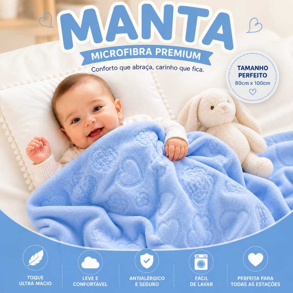 Manta Bebê 3D Cor Azul Bebê Microfibra Ultra Macia Cobertor Mantinha Maternidade Menino Perfeita