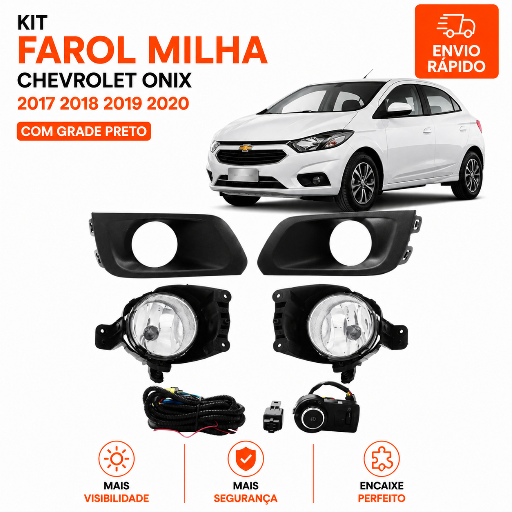 Kit Farol Milha Chevrolet Onix 2017 2018 2019 2020 Com Grade Preto