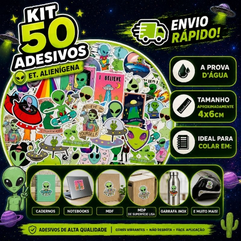 Kit 50 Adesivos E.T Alienígenas Nave Espacial A Prova D'Agua