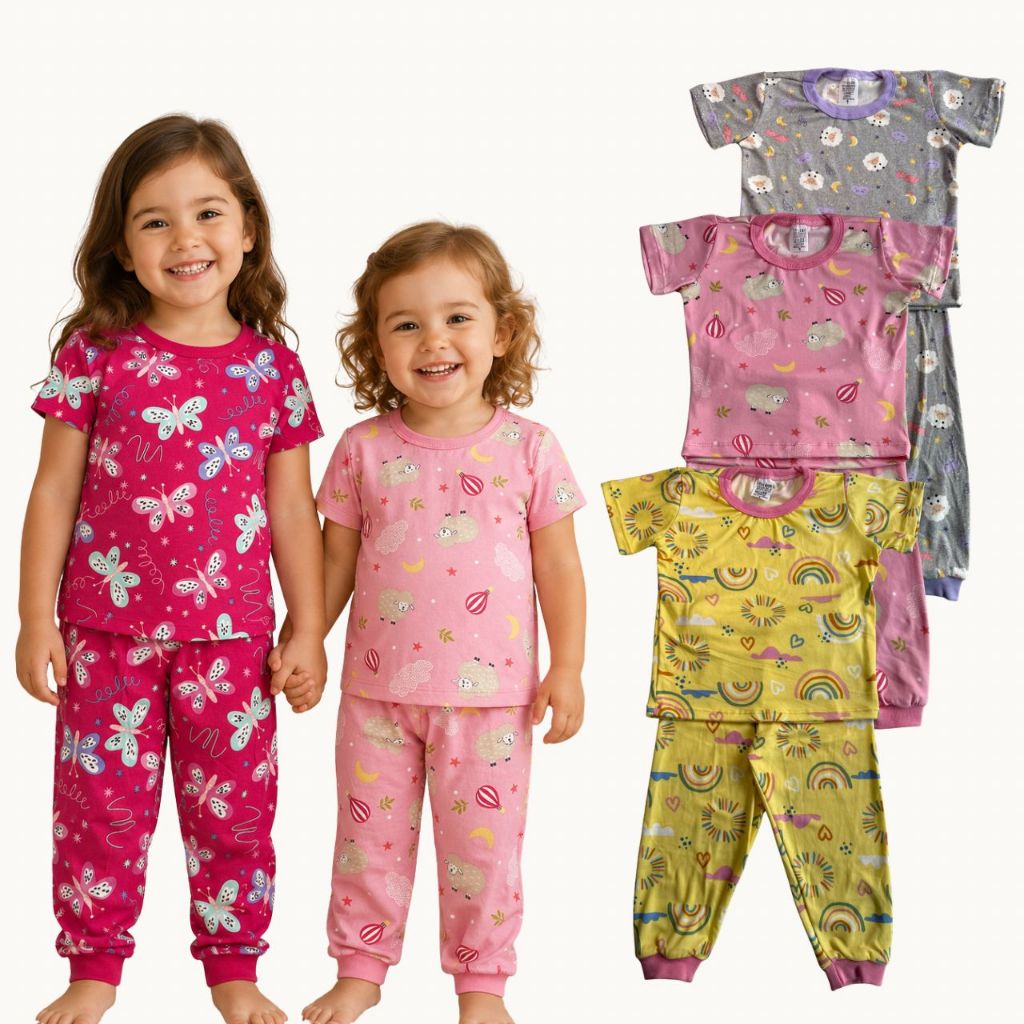 Kit 2 Pijamas Estampado Menina Manga Curta e Calça Suede Confortável Tamanho 1 ao 8 Anos