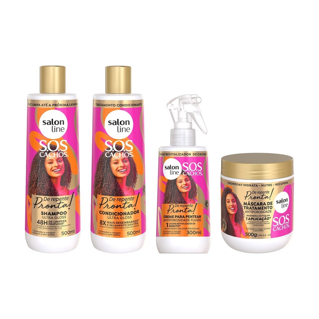Kit Shampoo + Condicionador + Máscara e Creme para Pentear Fluido Antiporosidade SOS Cachos De Repente Pronta!