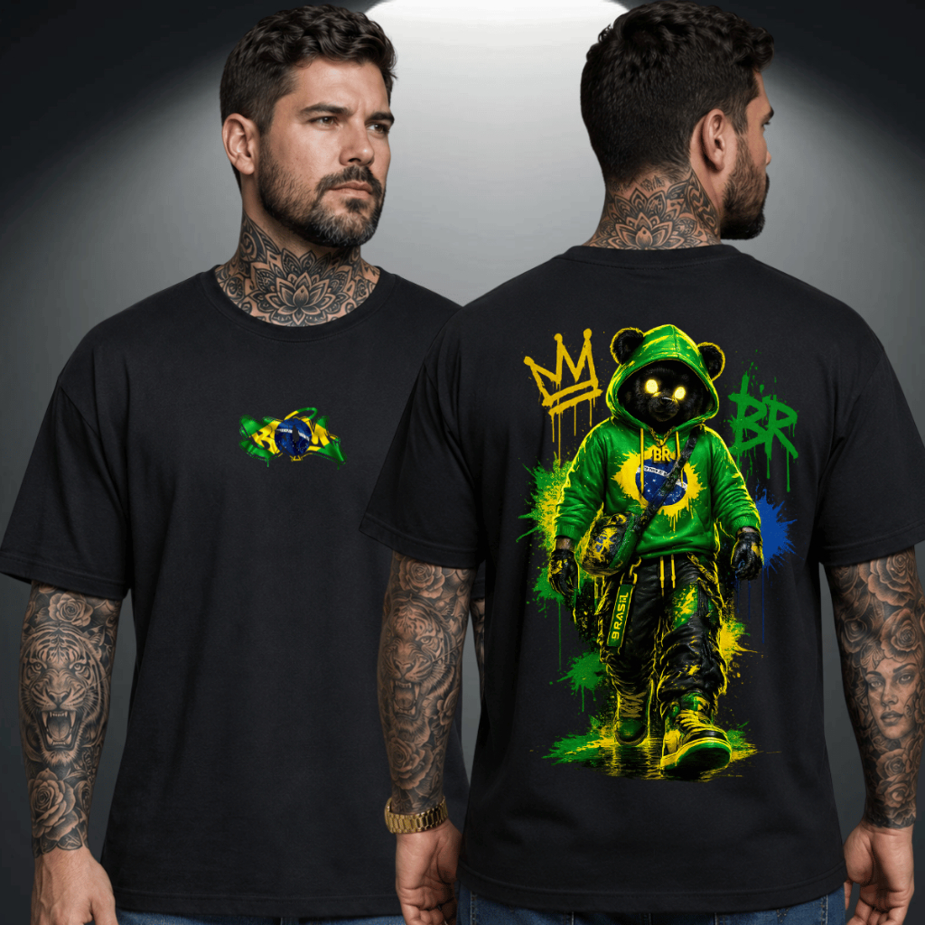 Camiseta Masculina Estampa Urso Bear Brasil Copa Do Mundo 100% Algodão Moda Urbana Futebol Hexa