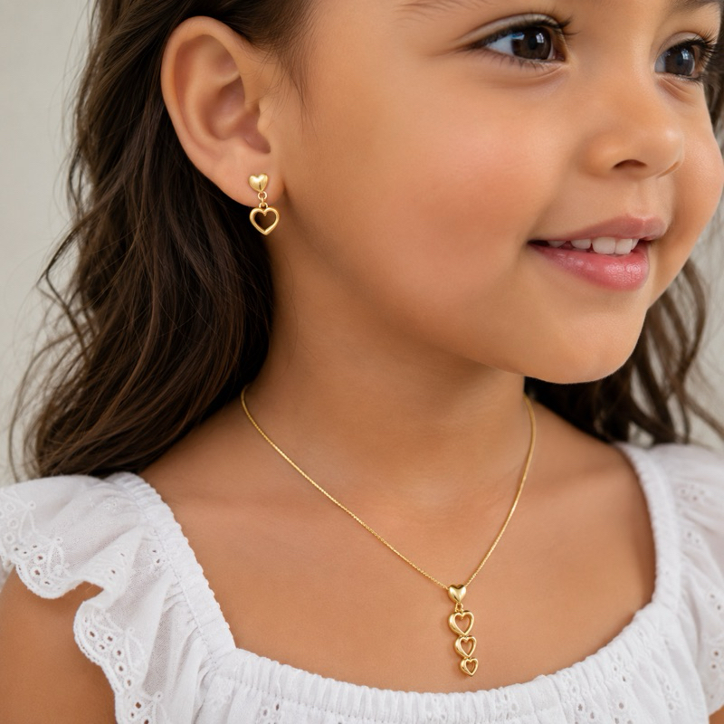Kit de Brincos e Colar Infantil Delicado Banhado a Ouro 18k Com Embalagem Para Presente