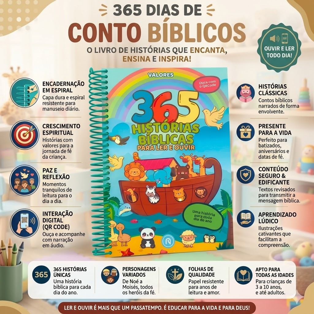 365 Histórias Bíblicas Para ler e Ouvir Ouça com QR Code Espiral Educação Cristã para Crianças