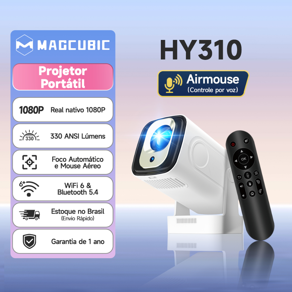 MAGCUBIC HY310 Mini Projetor Portátil 4K Android 11 com foco automático controle por voz WiFi6 BT5.4