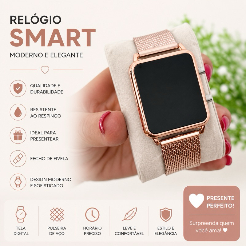 Relógio Feminino Digital Led Quadrado Luxo Desing Unissex Botão Lateral Resistente a Água