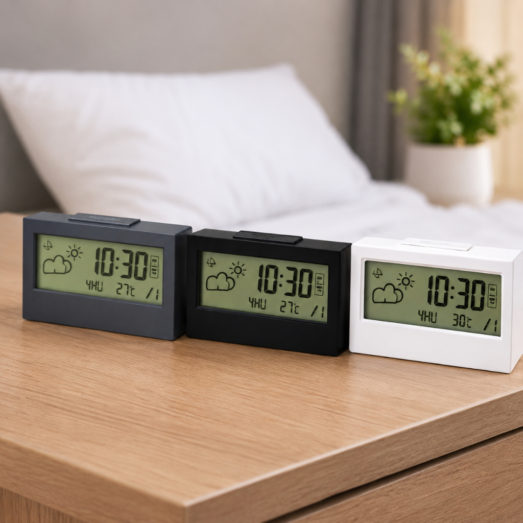 Relógio Despertador Digital de Mesa Led Visor LCD Hora Data Temperatura Alarme Preto branco Cinza