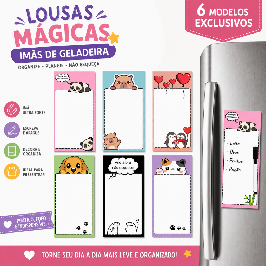 Imã de Geladeira Lousa Magnética Planner de Anotações Brinde Caneta Quadro Branco com Apagador e Imã Papelaria Criativa