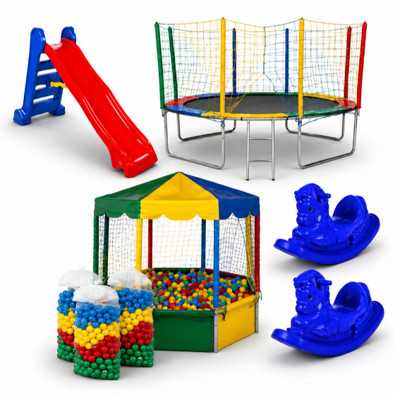Kit Cama Elástica Nacional 3,05m + Piscina De Bolinhas Oitavada 2,00m + 1500 Bolinhas + Escorregador Grande + 2 Gangorra